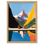 Matterhorn Retreat - Poster featuring three people by a mountain lake reflecting the Matterhorn, creating a serene scene.