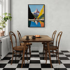 Matterhorn Retreat - Poster displayed in a dining room above a wooden table with black and white checkered floor.