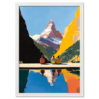 Matterhorn Retreat - Poster featuring three people by a mountain lake with the Matterhorn in reflection.