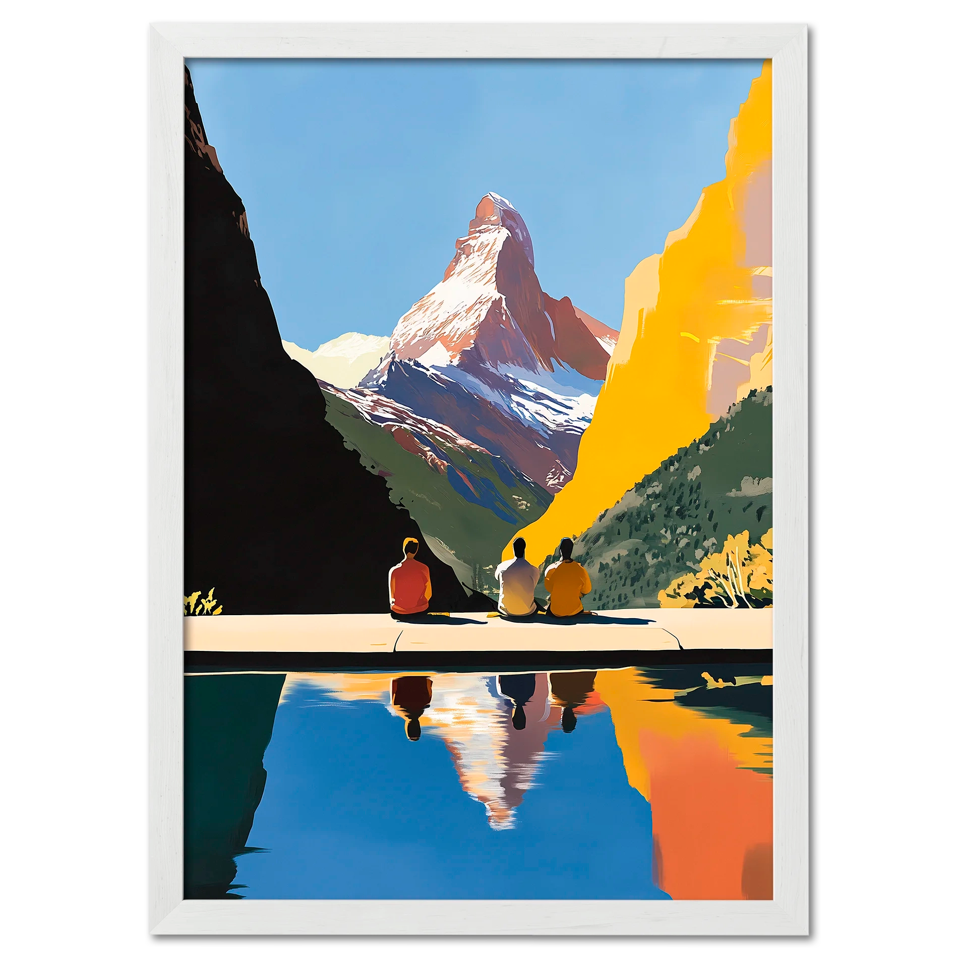 Matterhorn Retreat - Poster featuring three people by a mountain lake with the Matterhorn in reflection.