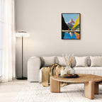 Matterhorn Retreat - Poster displayed in a modern living room, showcasing vibrant colors and serene mountain reflection.