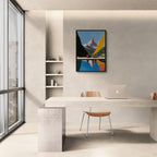 Matterhorn Retreat - Poster displayed in a modern office, featuring bold colors and a serene mountain lake scene.