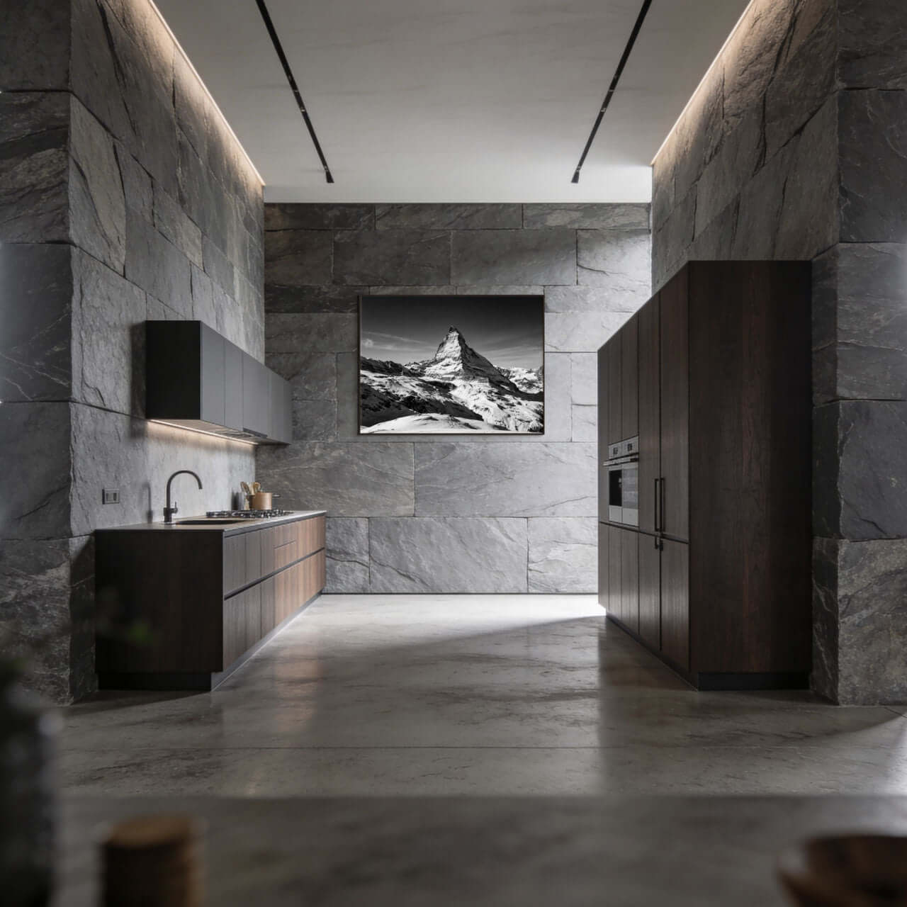 Matterhorn Eternal Contrast – Alu-Dibond wall art displayed in a modern kitchen interior with stone walls.