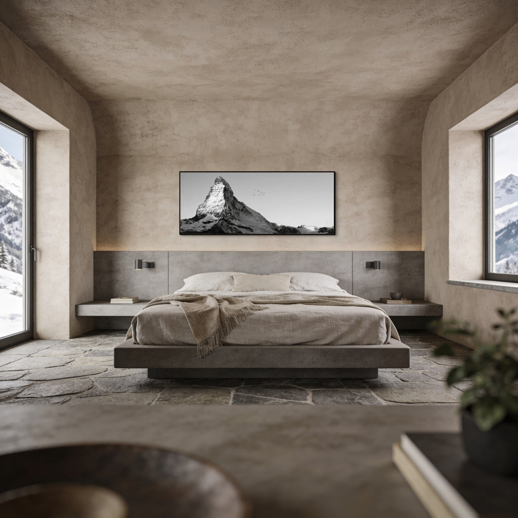 Matterhorn with Birds – Alu-Dibond wall art displayed above a modern bed in a stylish alpine bedroom.