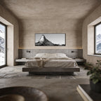 Matterhorn with Birds – Alu-Dibond wall art displayed above a modern bed in a stylish alpine bedroom.