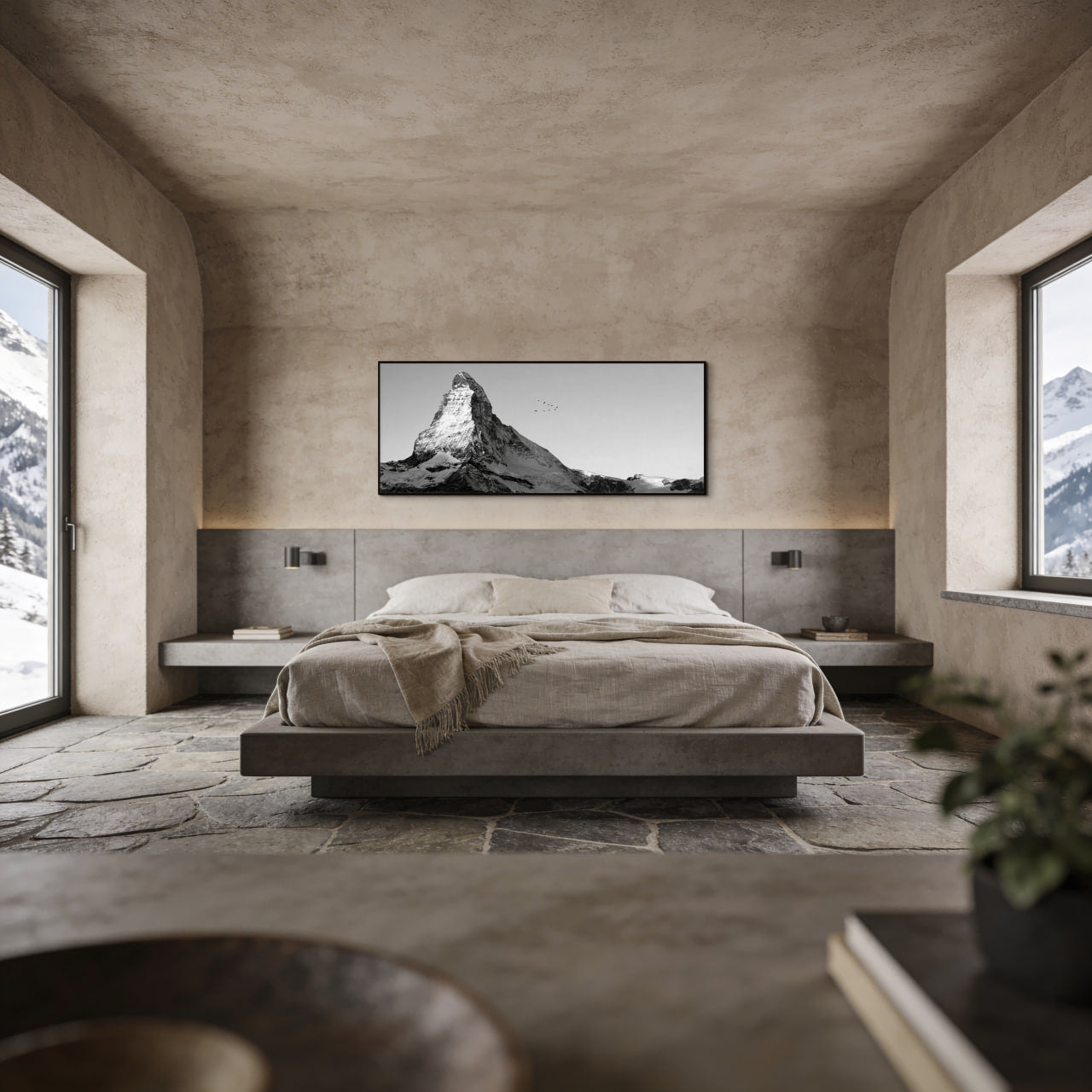 Matterhorn with Birds – Alu-Dibond wall art displayed above a modern bed in a stylish alpine bedroom.