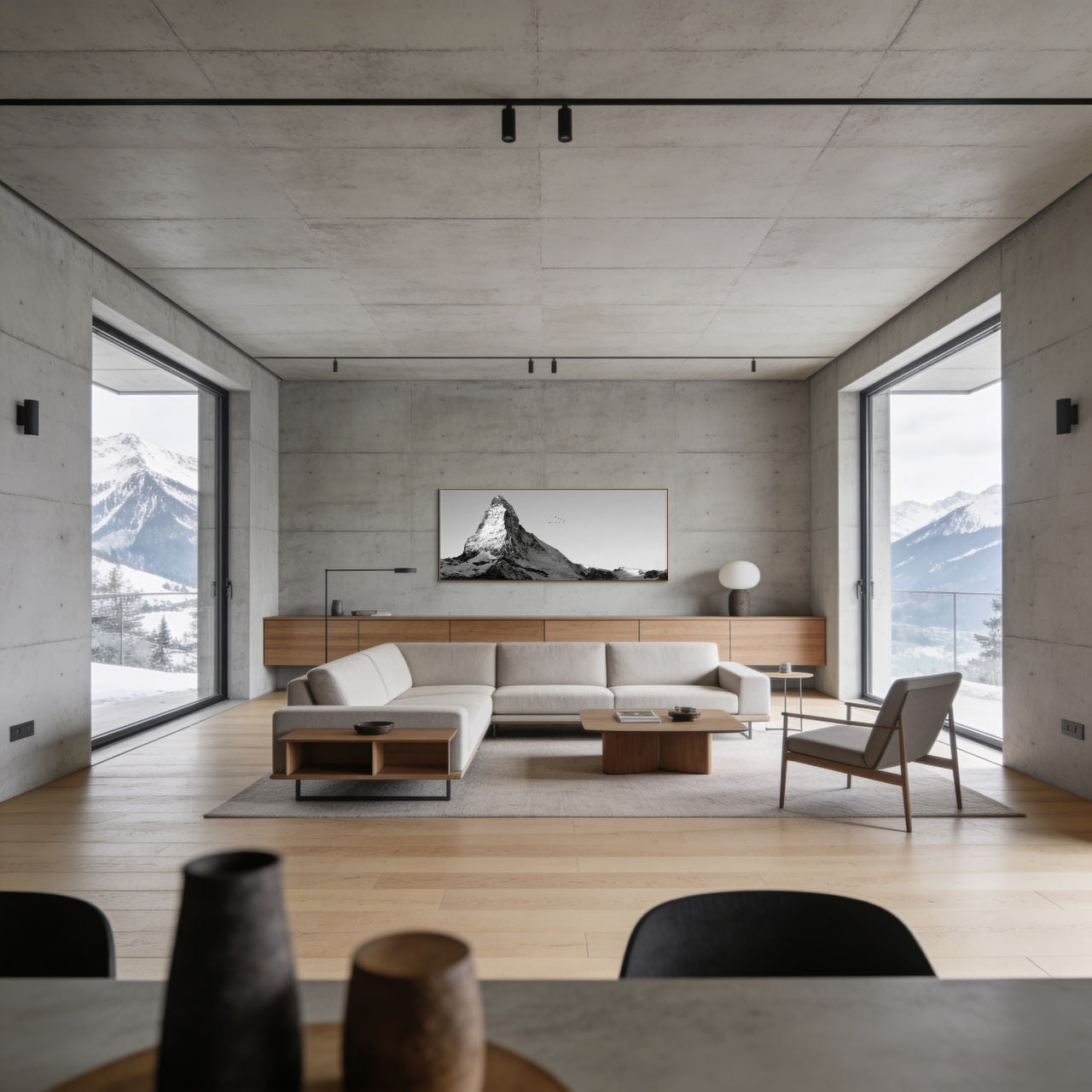Matterhorn with Birds – Alu-Dibond wall art displayed in a modern living room with alpine views.