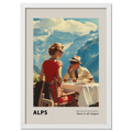 Meeting by the mountains - Poster featuring a couple dining outdoors in the Alps with snowy peaks in the background.