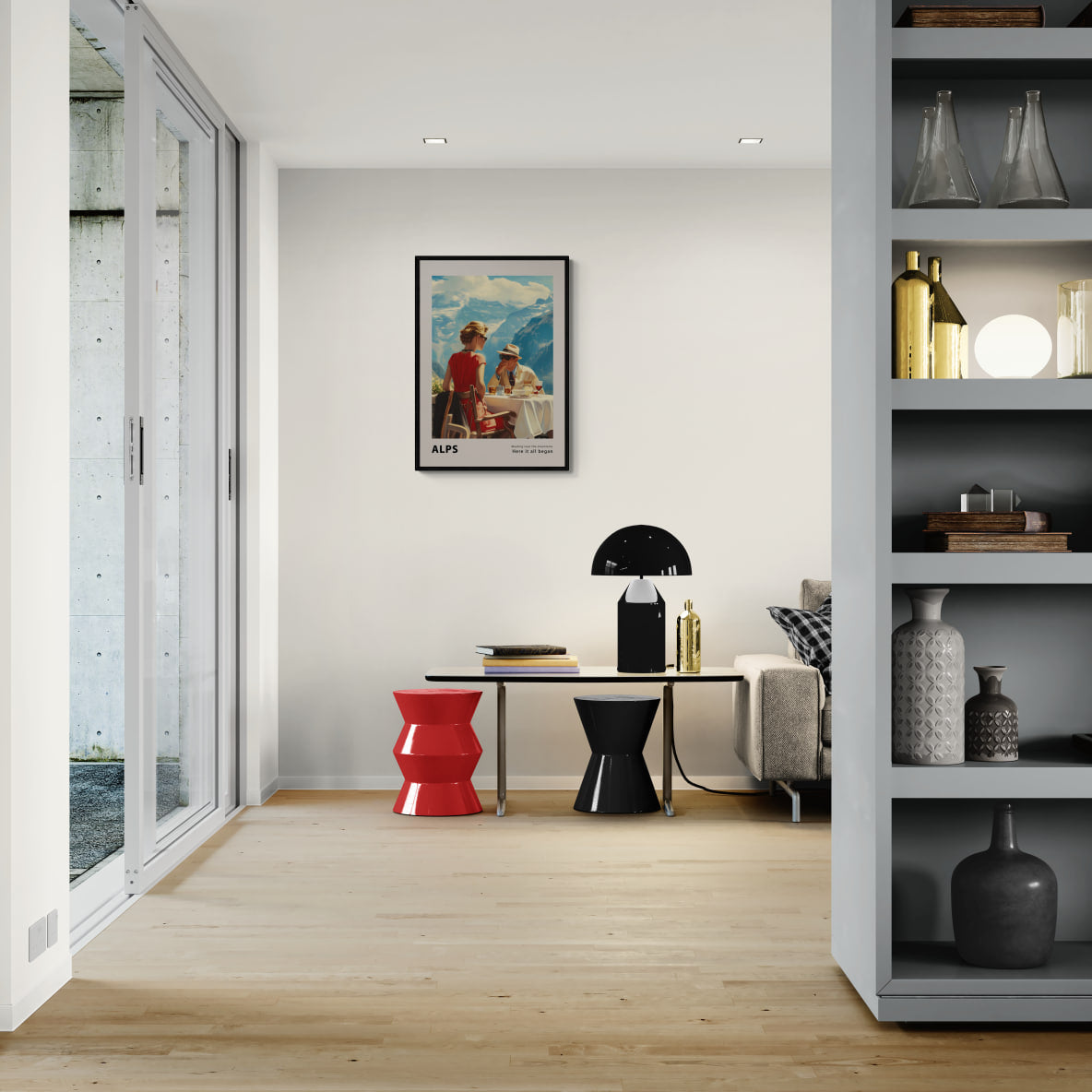 Meeting by the mountains - Poster displayed in a modern living room with stylish furniture and natural light.