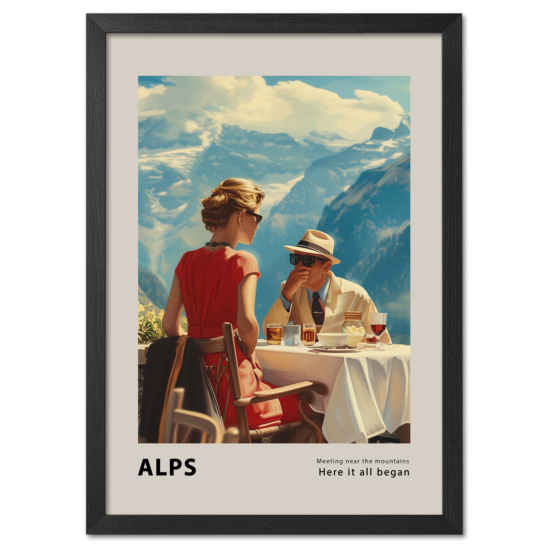 Meeting by the mountains - Poster featuring a stylish couple in the Alps, enjoying a quiet moment outdoors.