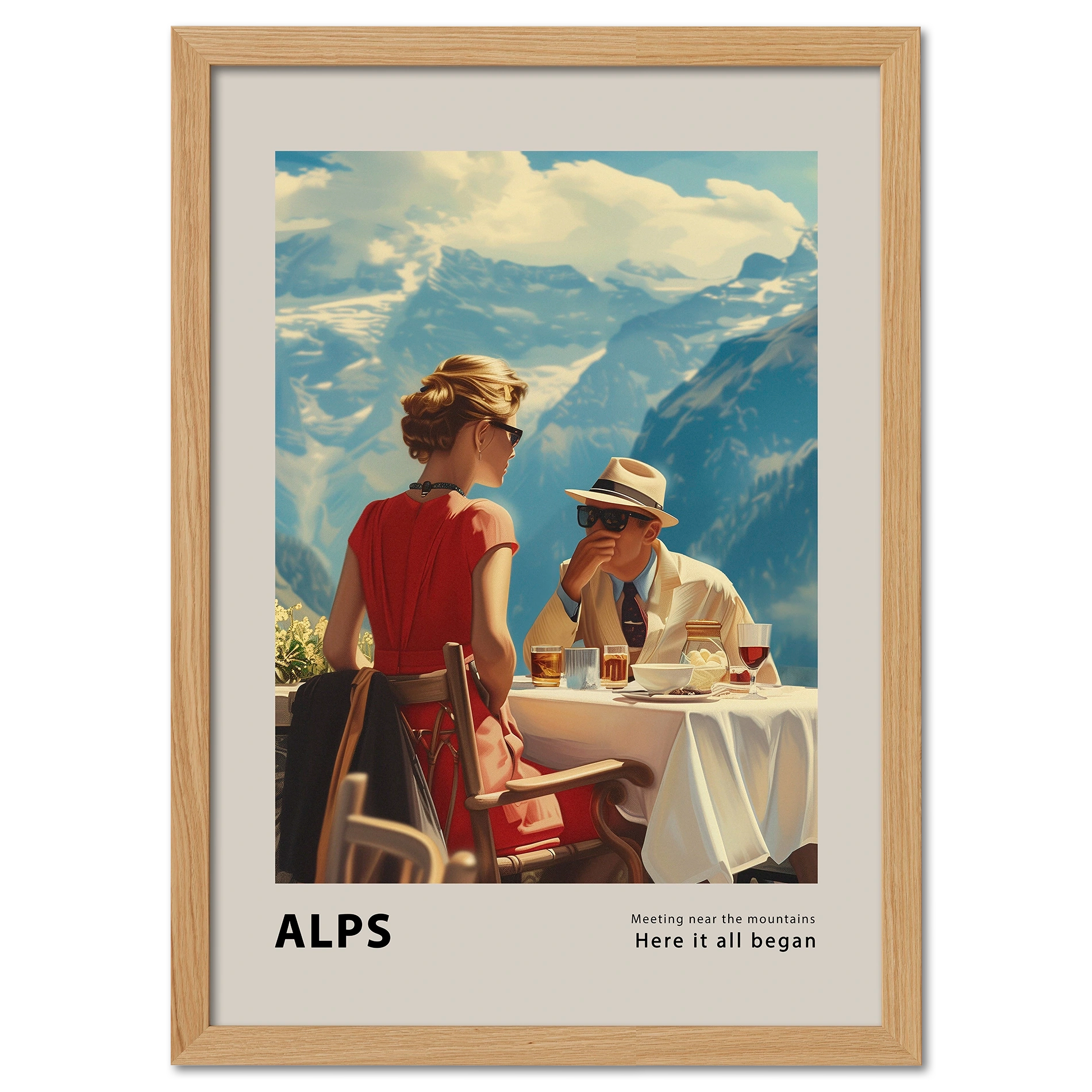 Meeting by the mountains - Poster featuring a couple dining in the Alps with snowy peaks in the background.