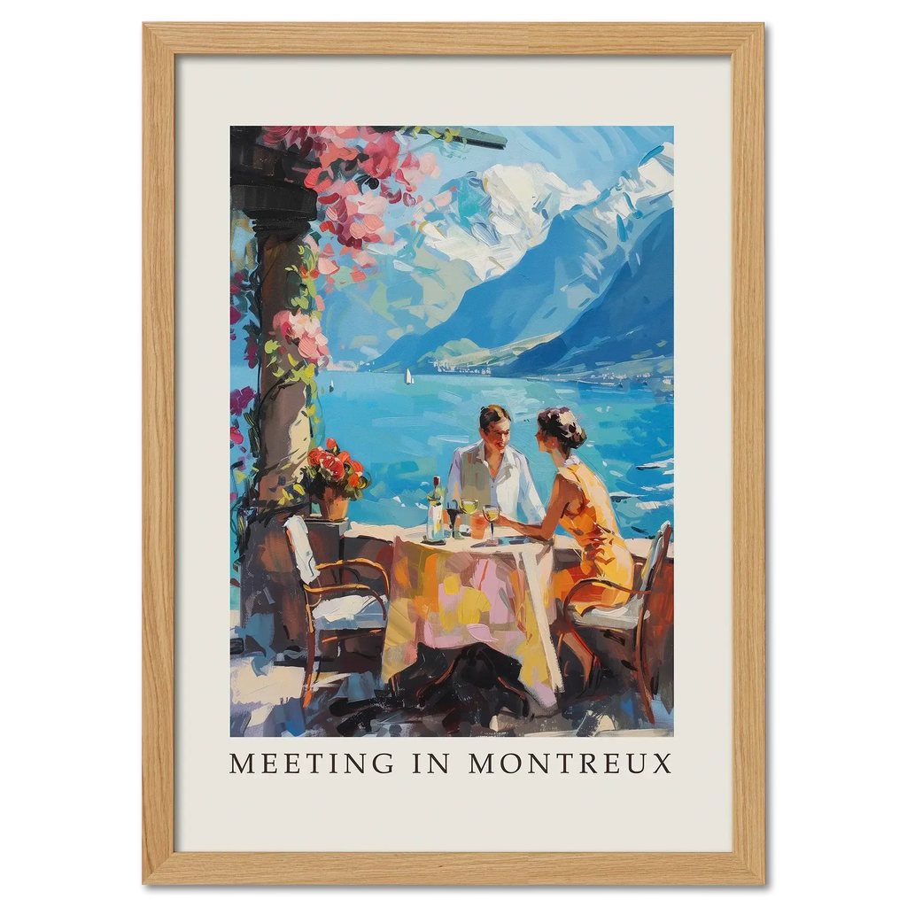 Meeting in Montreux - Poster featuring a couple dining by Lake Geneva with vibrant colors and a picturesque mountain backdrop.