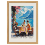 Meeting in Montreux - Poster featuring a couple dining by Lake Geneva with vibrant colors and a picturesque mountain backdrop.