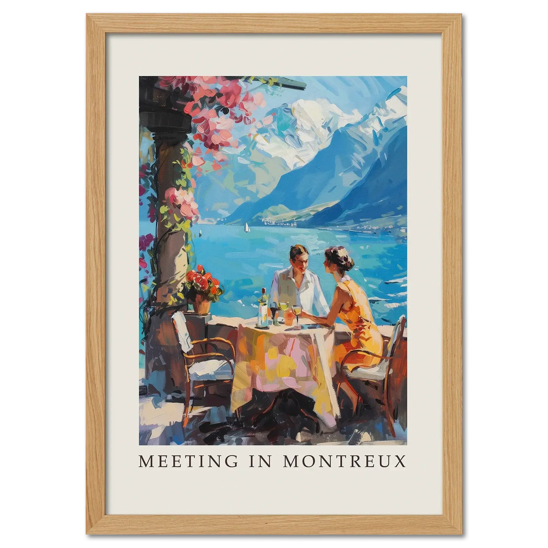 Meeting in Montreux - Poster featuring a couple dining by Lake Geneva with vibrant colors and a picturesque mountain backdrop.