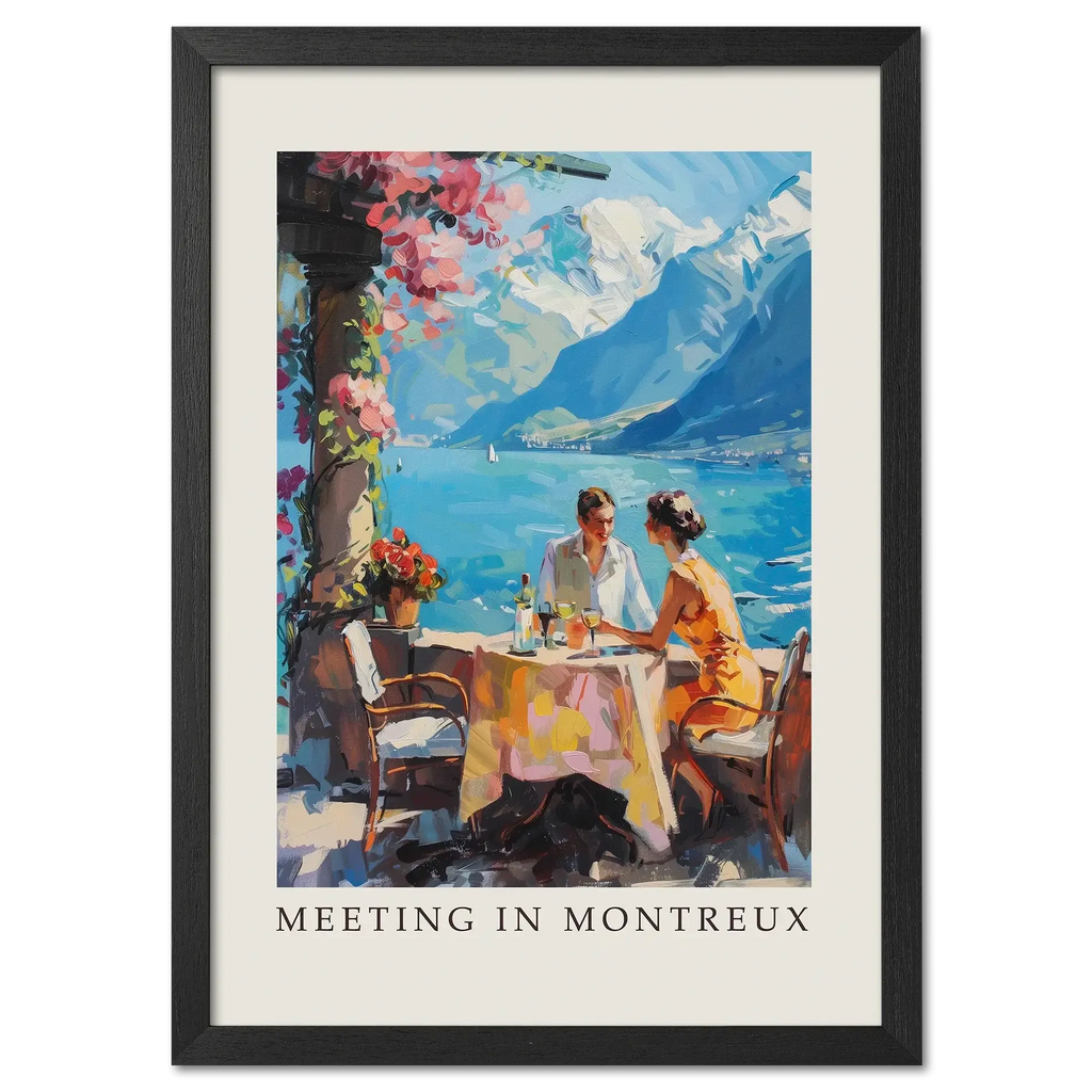Meeting in Montreux - Poster featuring two people at a table by Lake Geneva, surrounded by mountains and bright floral details.