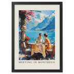 Meeting in Montreux - Poster featuring two people at a table by Lake Geneva, surrounded by mountains and bright floral details.