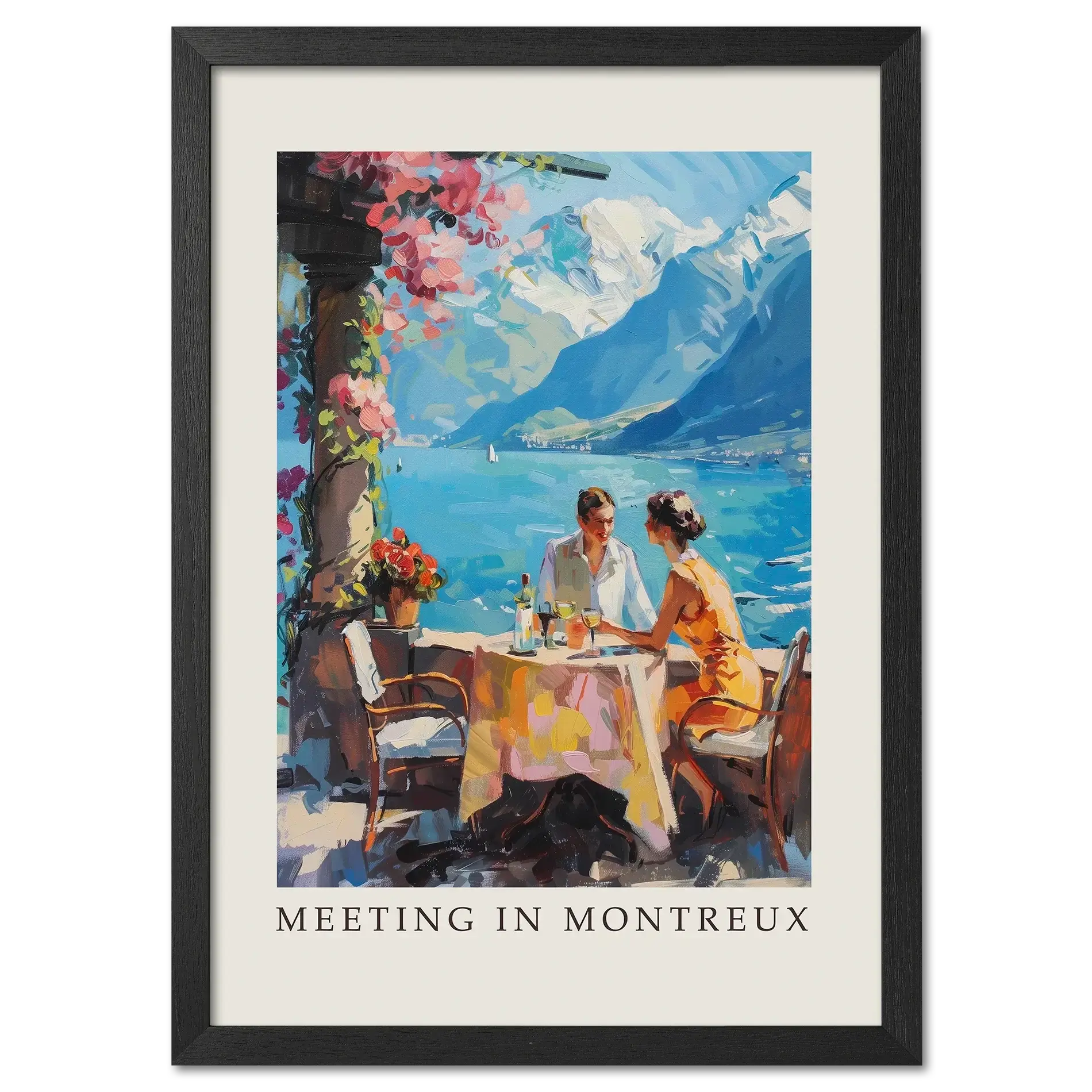 Meeting in Montreux - Poster featuring two people at a table by Lake Geneva, surrounded by mountains and bright floral details.