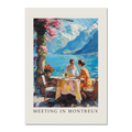 Meeting in Montreux - Poster showcasing a couple dining by Lake Geneva with vibrant colors and mountains in the background.