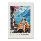 Meeting in Montreux - Poster showcasing a couple dining by Lake Geneva with vibrant colors and mountains in the background.