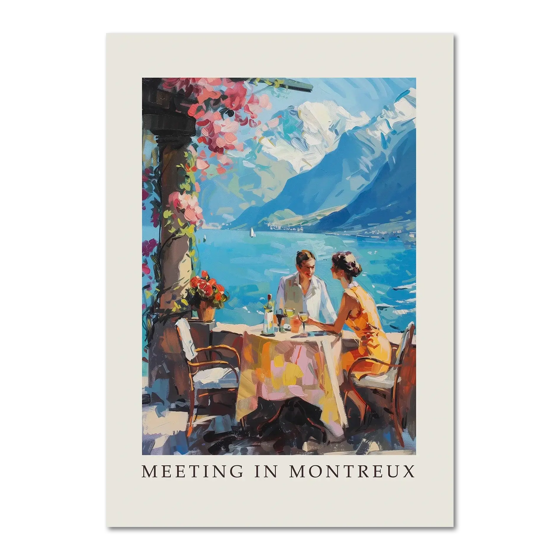Meeting in Montreux - Poster showcasing a couple dining by Lake Geneva with vibrant colors and mountains in the background.