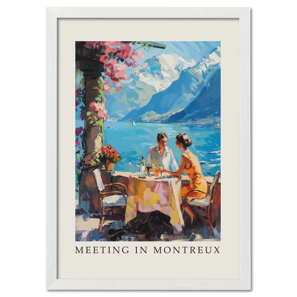 Meeting in Montreux - Poster featuring two people at a table by Lake Geneva with vibrant colors and mountains.