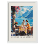 Meeting in Montreux - Poster featuring two people at a table by Lake Geneva with vibrant colors and mountains.