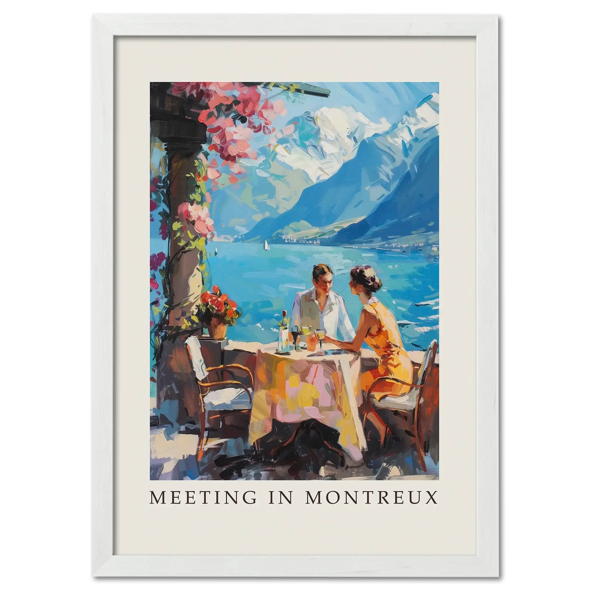 Meeting in Montreux - Poster featuring two people at a table by Lake Geneva with vibrant colors and mountains.