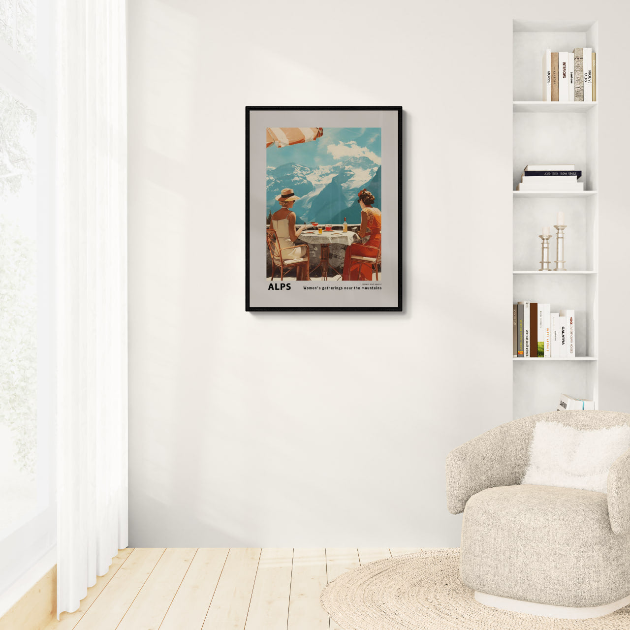 Meeting of girls near the mountains - Poster displayed in a stylish interior, showcasing the beautiful Alps.