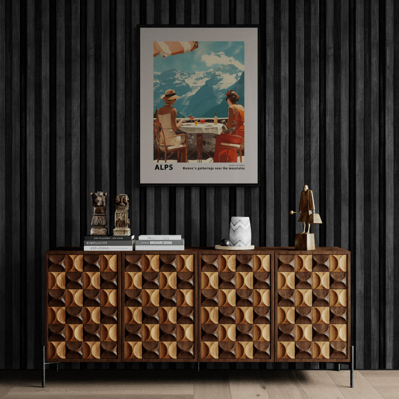 Meeting of girls near the mountains - Poster displayed on a stylish cabinet with modern decor.