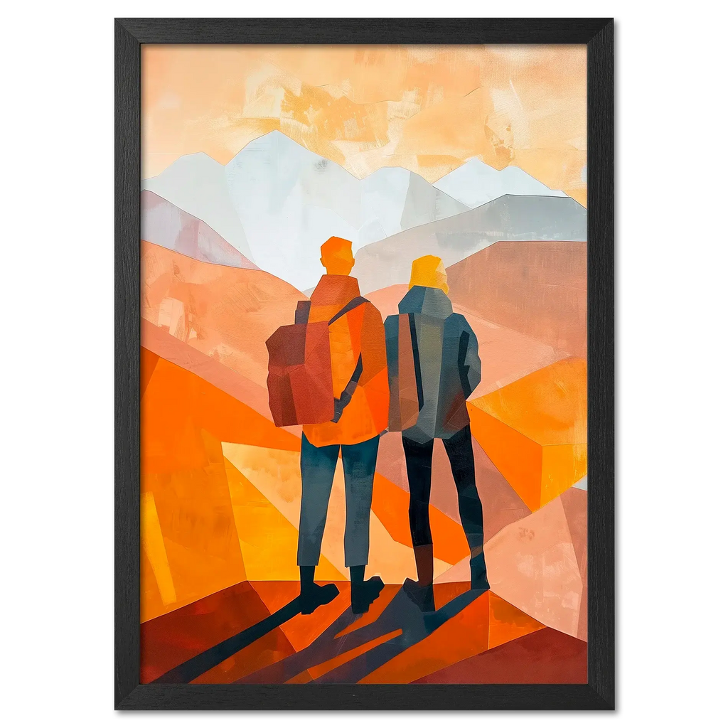 Memories at the Summit - Poster depicting travelers in warm tones, looking at mountain peaks with a reflective atmosphere.