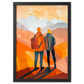 Memories at the Summit - Poster depicting travelers in warm tones, looking at mountain peaks with a reflective atmosphere.