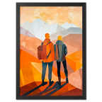 Memories at the Summit - Poster depicting travelers in warm tones, looking at mountain peaks with a reflective atmosphere.