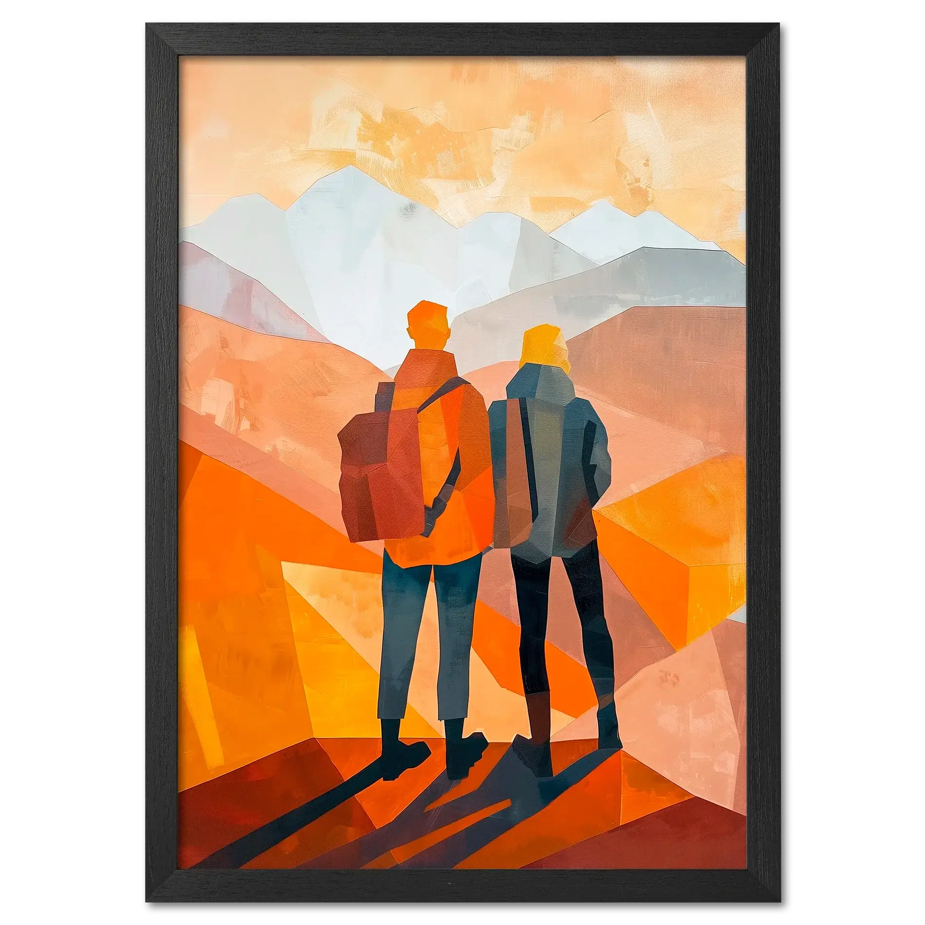 Memories at the Summit - Poster depicting travelers in warm tones, looking at mountain peaks with a reflective atmosphere.