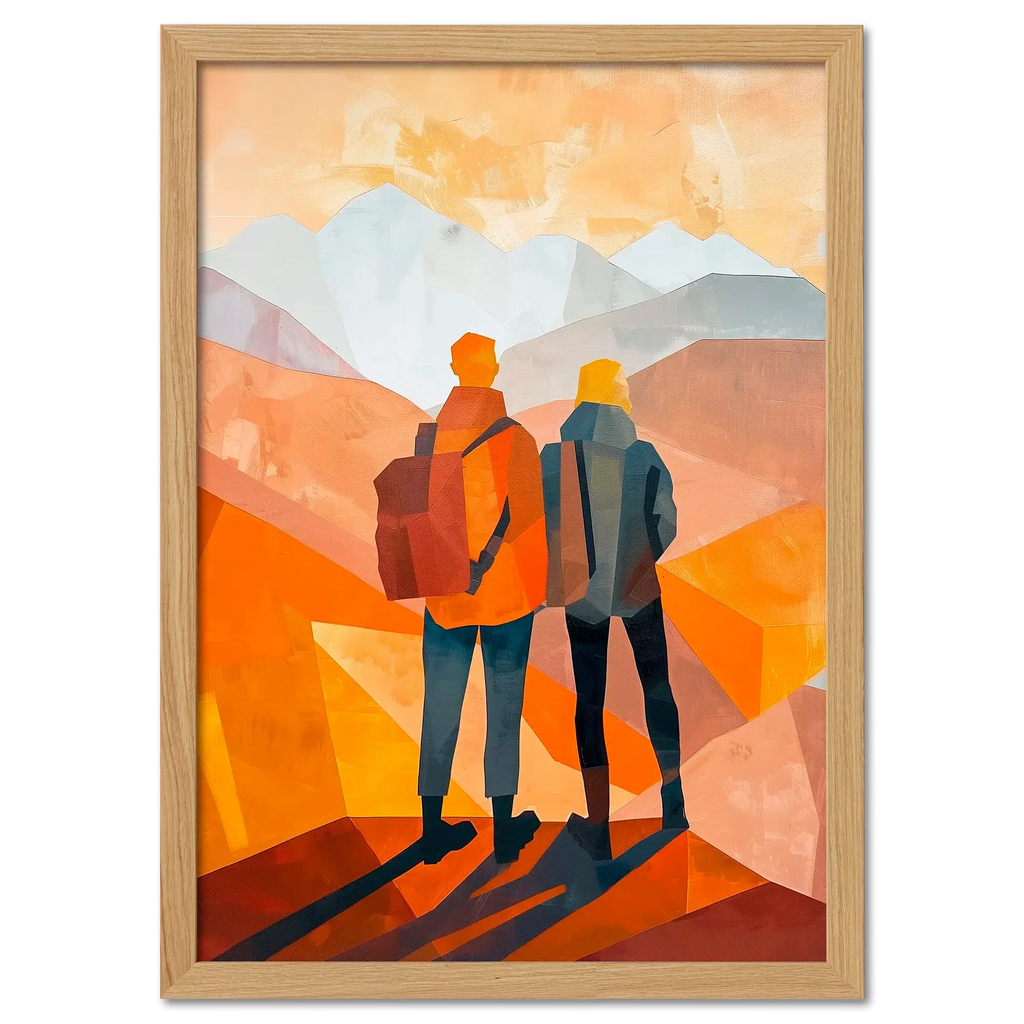 Memories at the Summit - Poster showing travelers gazing at orange-hued mountain landscape.
