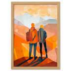 Memories at the Summit - Poster showing travelers gazing at orange-hued mountain landscape.