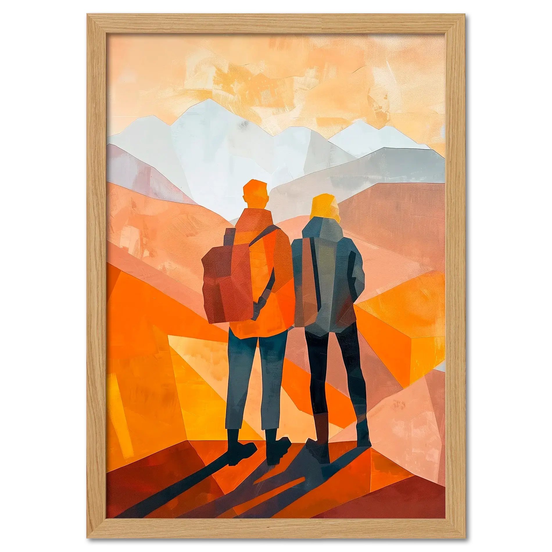 Memories at the Summit - Poster showing travelers gazing at orange-hued mountain landscape.