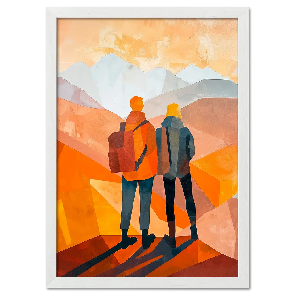 Memories at the Summit - Poster featuring two travelers gazing at mountain peaks with warm tones and layered hills.