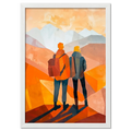 Memories at the Summit - Poster featuring two travelers gazing at mountain peaks with warm tones and layered hills.