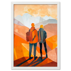 Memories at the Summit - Poster featuring two travelers gazing at mountain peaks with warm tones and layered hills.