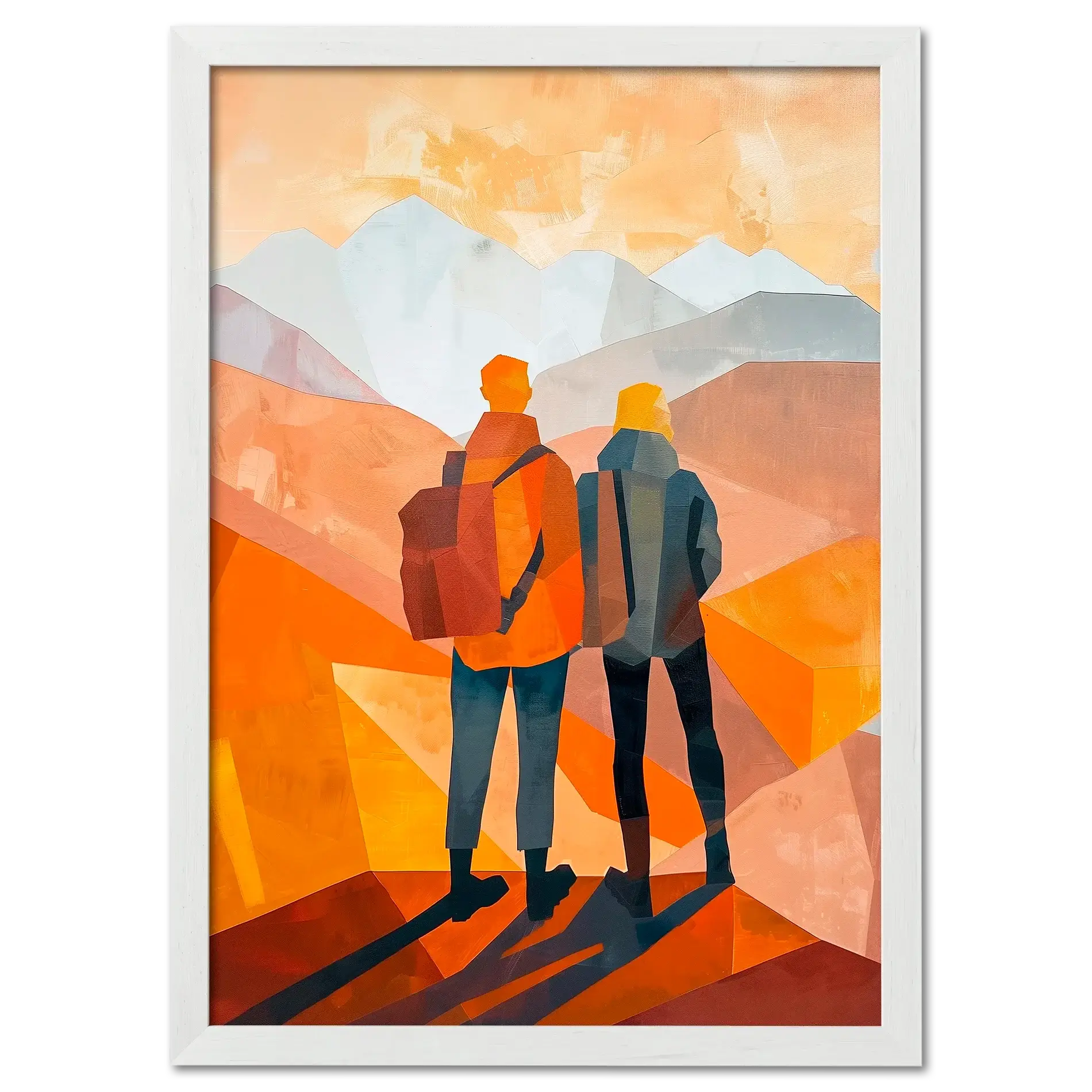 Memories at the Summit - Poster featuring two travelers gazing at mountain peaks with warm tones and layered hills.