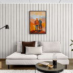 Memories at the Summit - Poster showcasing two travelers in warm tones, perfect wall art for modern decor.