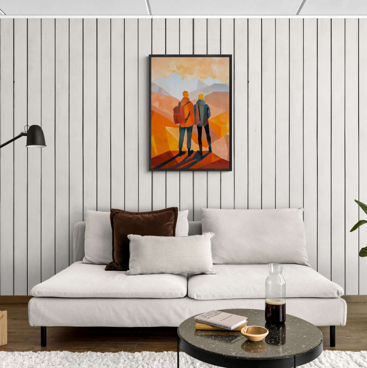 Memories at the Summit - Poster showcasing two travelers in warm tones, perfect wall art for modern decor.