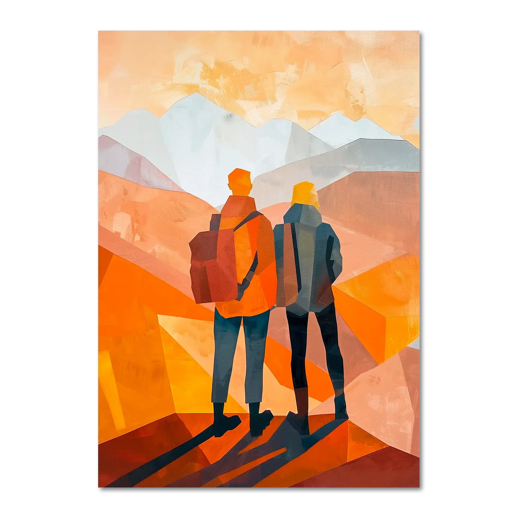Memories at the Summit - Poster depicting two travelers looking at mountains in warm golden and orange tones.