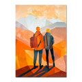Memories at the Summit - Poster depicting two travelers looking at mountains in warm golden and orange tones.