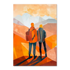 Memories at the Summit - Poster depicting two travelers looking at mountains in warm golden and orange tones.