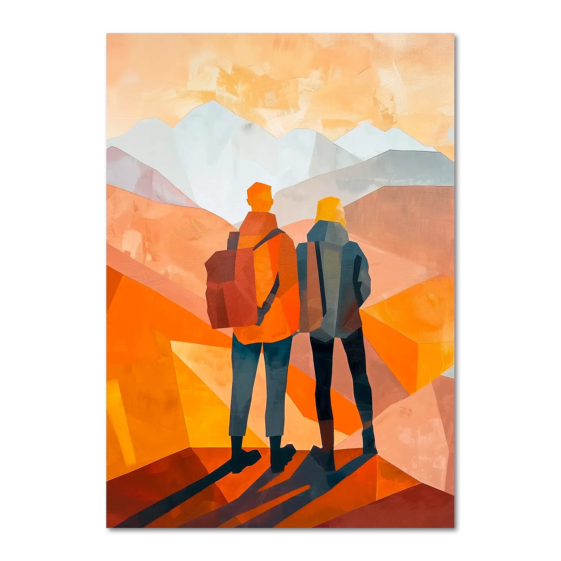 Memories at the Summit - Poster depicting two travelers looking at mountains in warm golden and orange tones.