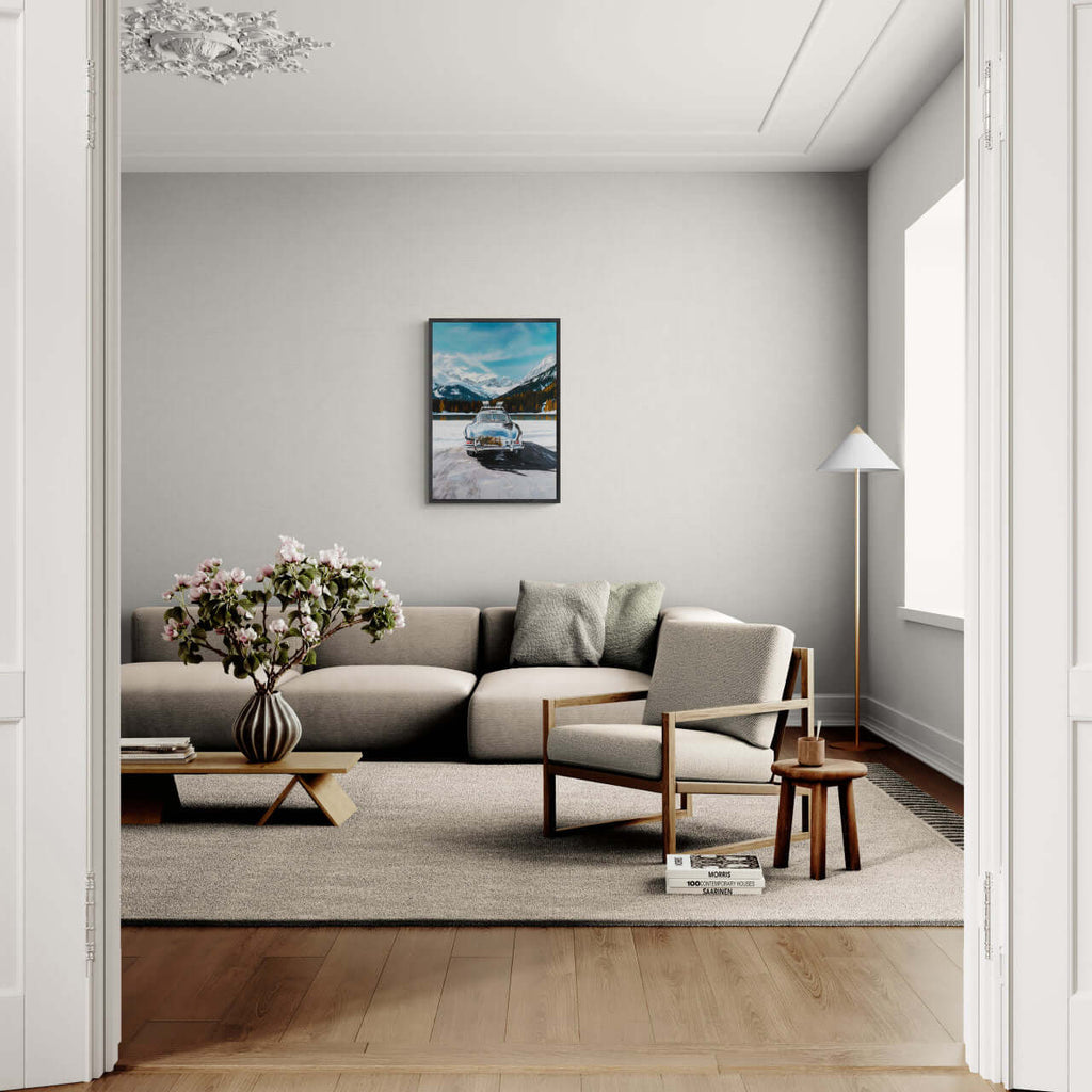 Mercedes on Ice St. Moritz - Poster displayed in a modern living room with stylish furniture and a cozy atmosphere.