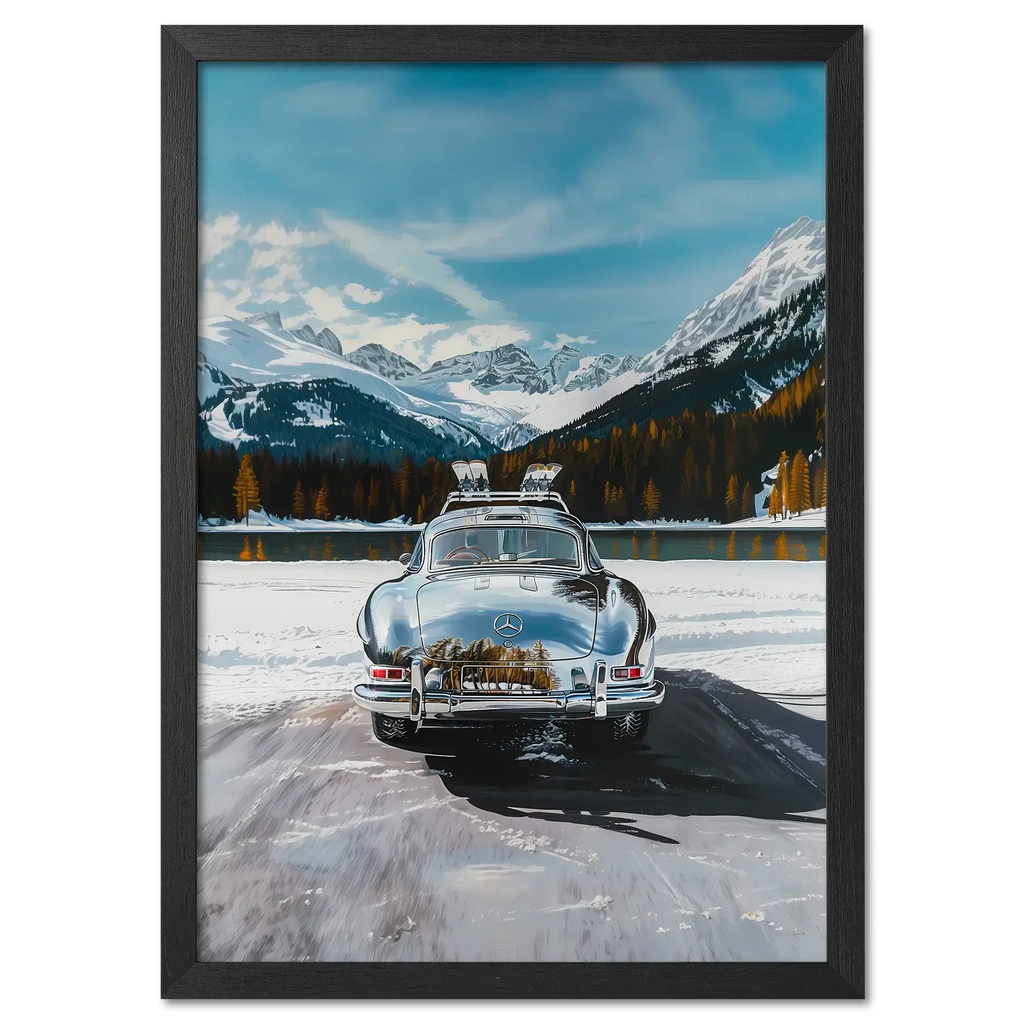 Mercedes on Ice St. Moritz - Poster featuring a classic Mercedes on frozen lake with alpine scenery.
