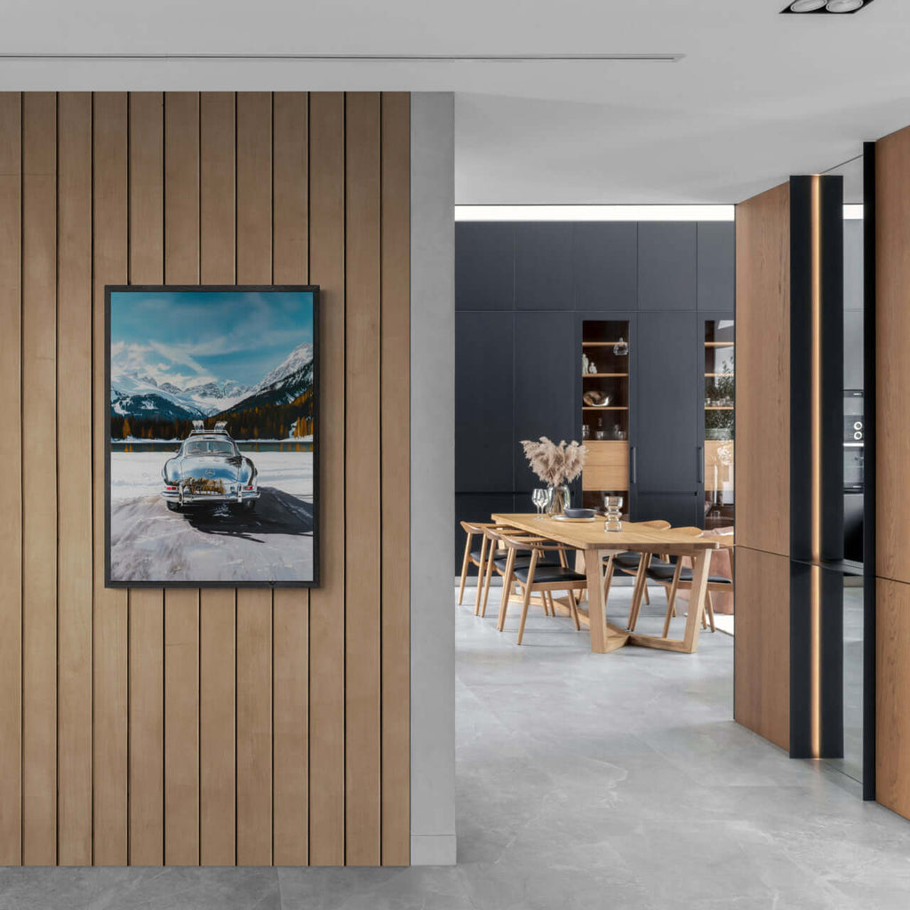 Mercedes on Ice St. Moritz - Poster displayed in a modern interior with wood accents and a dining area.