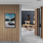 Mercedes on Ice St. Moritz - Poster displayed in a modern interior with wood accents and a dining area.
